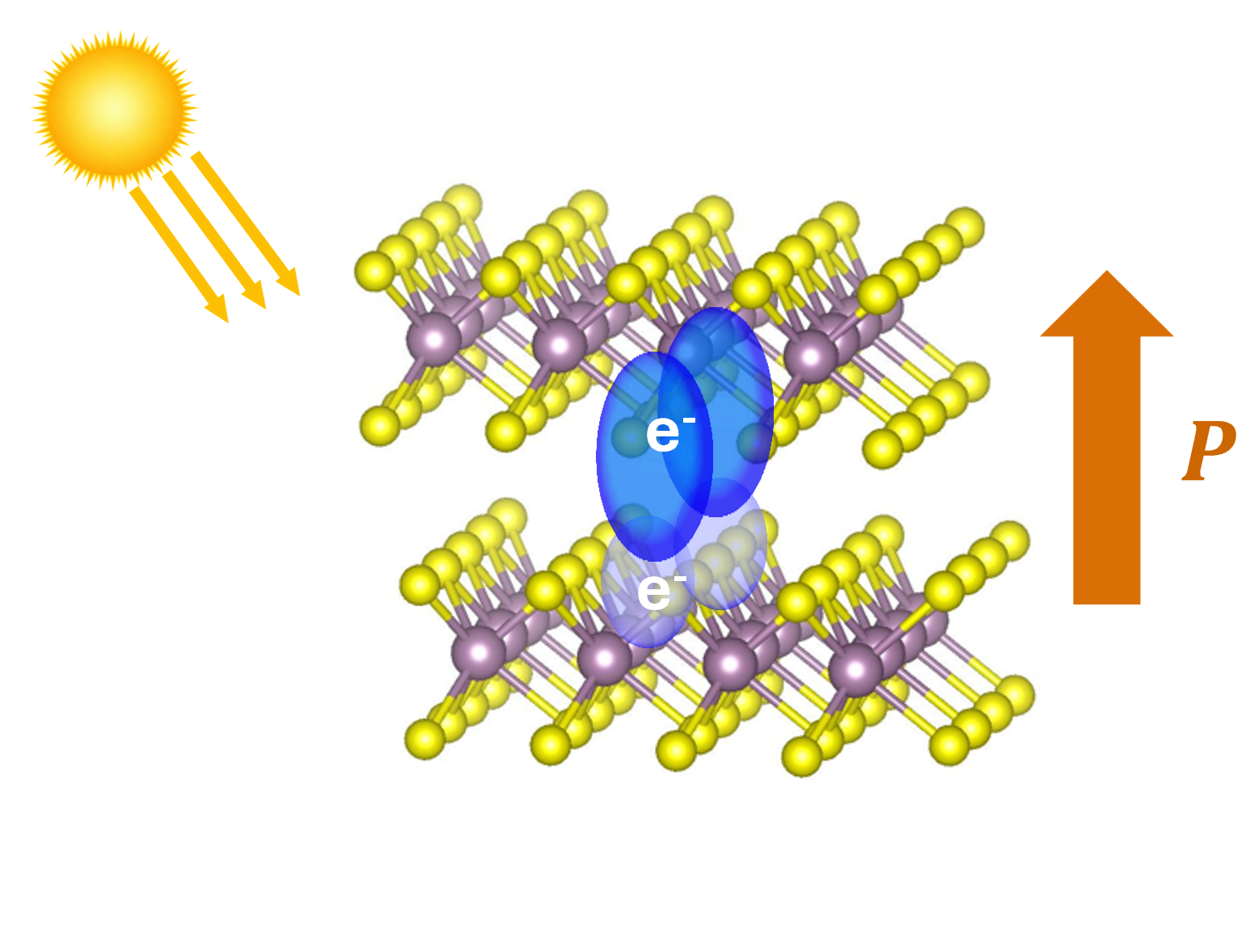 Light illuminating an atomic bilayer, with electron clouds between the layers and an upward polarization arrow.